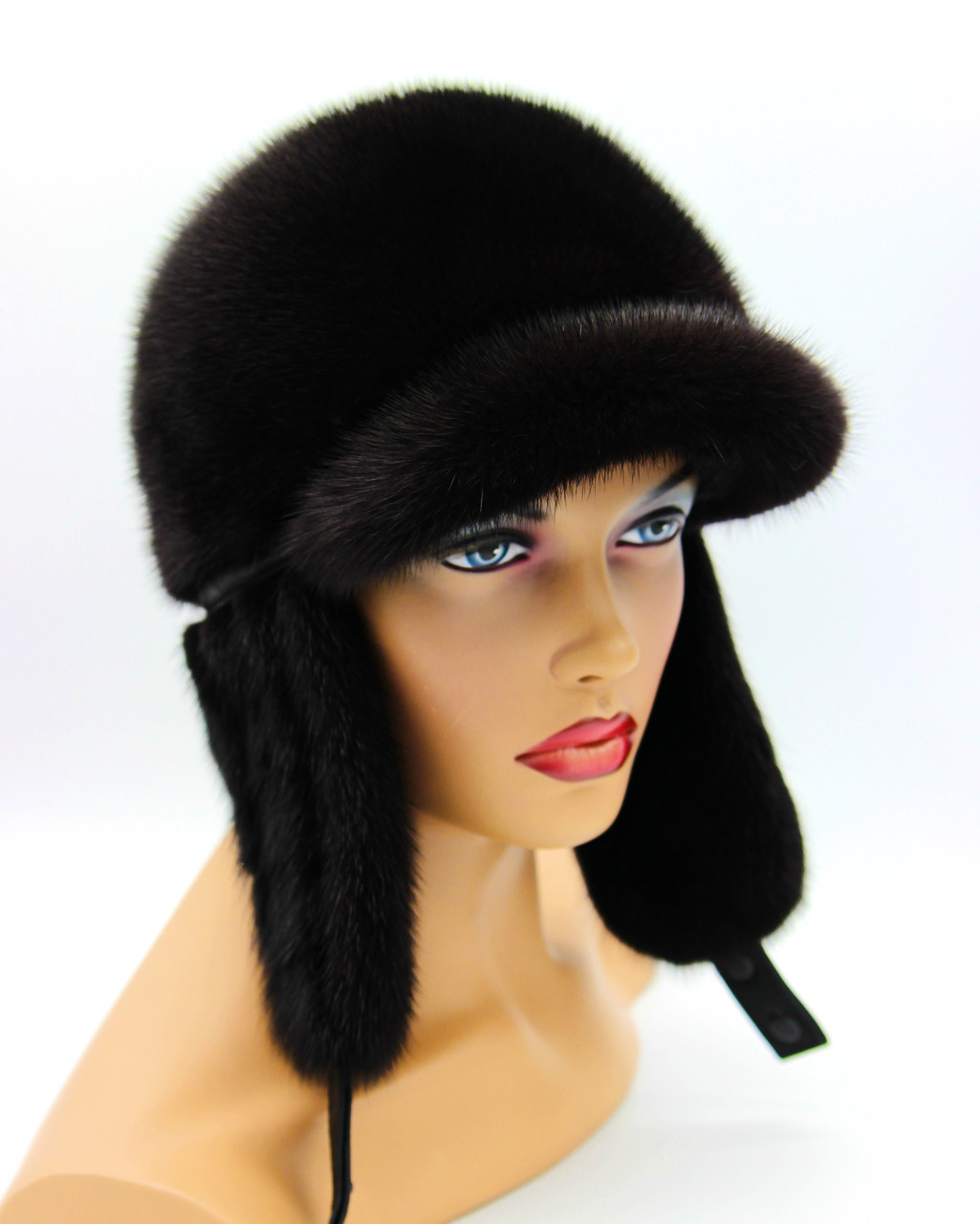 Жіноча шапка вушанка плетене вухо з козирком хутряна норкова чорна.