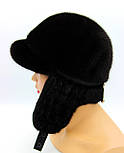 Жіноча шапка вушанка плетене вухо з козирком хутряна норкова чорна., фото 5