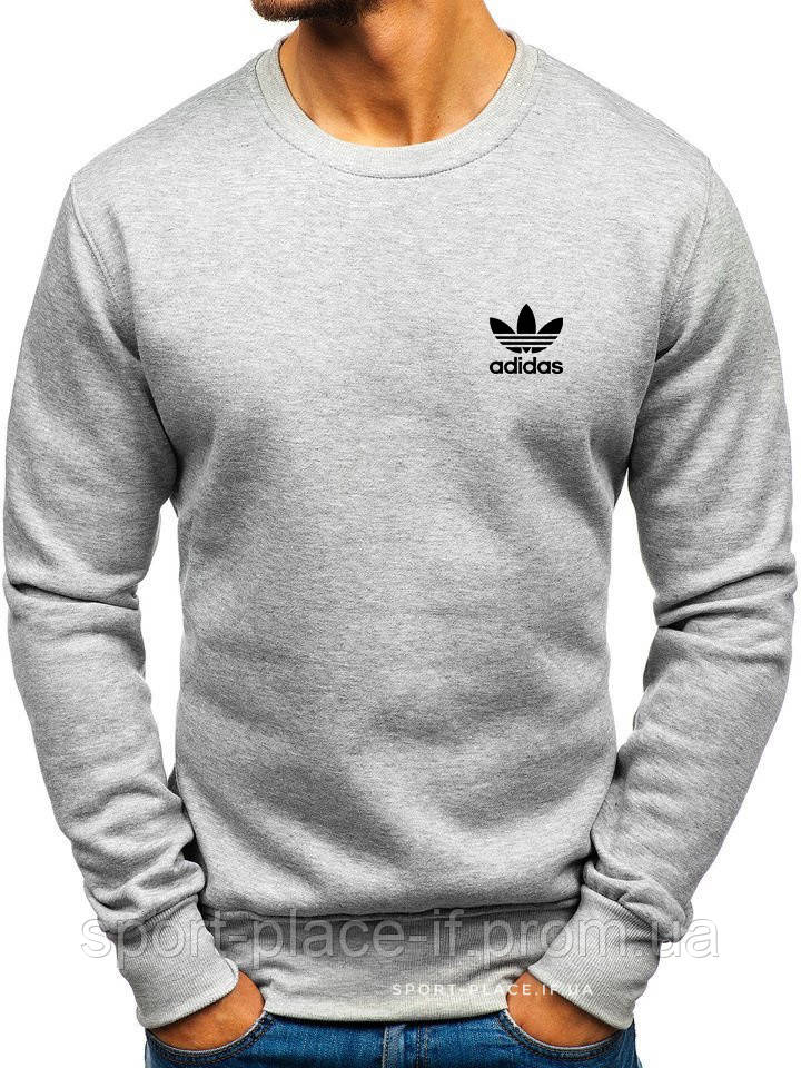 Утеплений чоловічий світшот Adidas (Адідас) ЗИМА світло сірий з начосом (маленька емблема) толстовка лонгслив