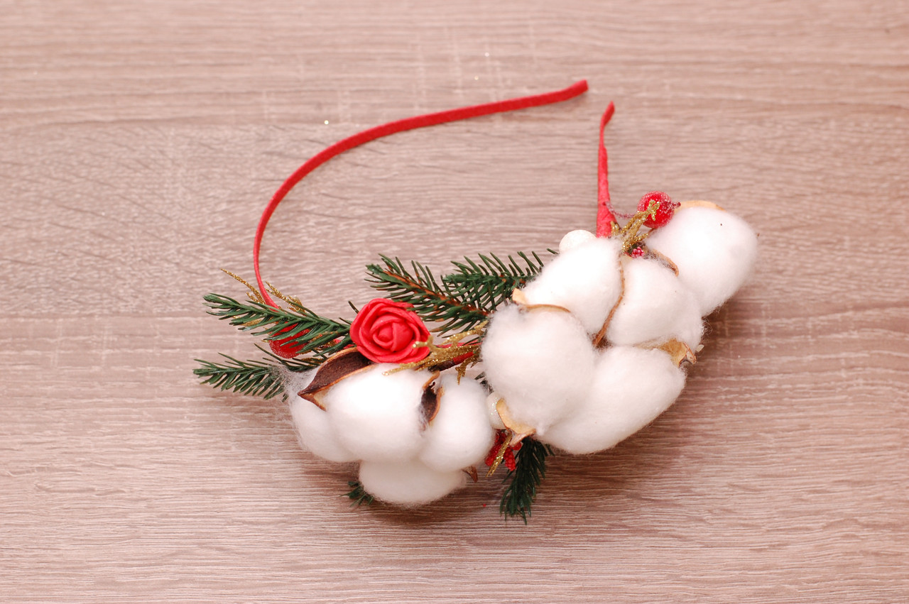 Обруч на голову / ободок для волосся новорічний з гілочками ялинки та бавовною 238 об, фото 1