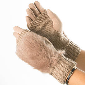 Текстильні жіночі рукавички-рукавиці з в'язкою і вставкою з штучного хутра (бежеві) № 19-F10-4