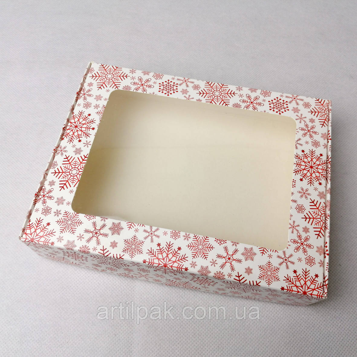 Коробка для пряників та печива з вікном Сніжинка червона 192*148*40, фото 1
