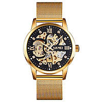 Skmei 9199 золотые с черным мужские механические часы скелетон
