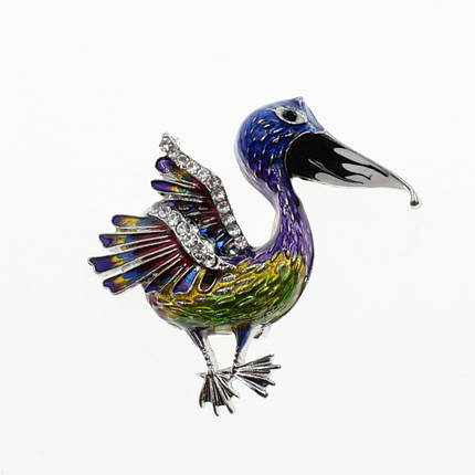 Брошка металева на золотистій основі у формі птиці зі стразами покрита кольоровою емаллю розмір 40х40 мм, фото 1
