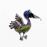 Брошка металева на золотистій основі у формі птиці зі стразами покрита кольоровою емаллю розмір 40х40 мм