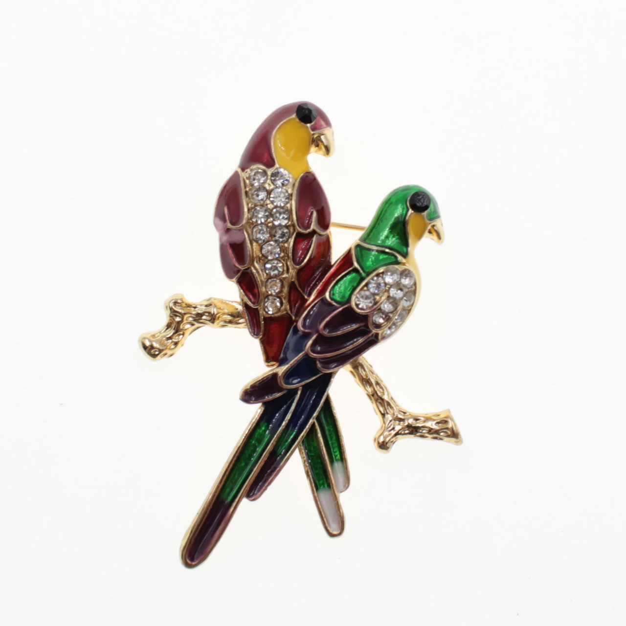 Брошка металева золотиста пташка зі стразами покрита різнобарвною емаллю розмір виробу 45х35 мм