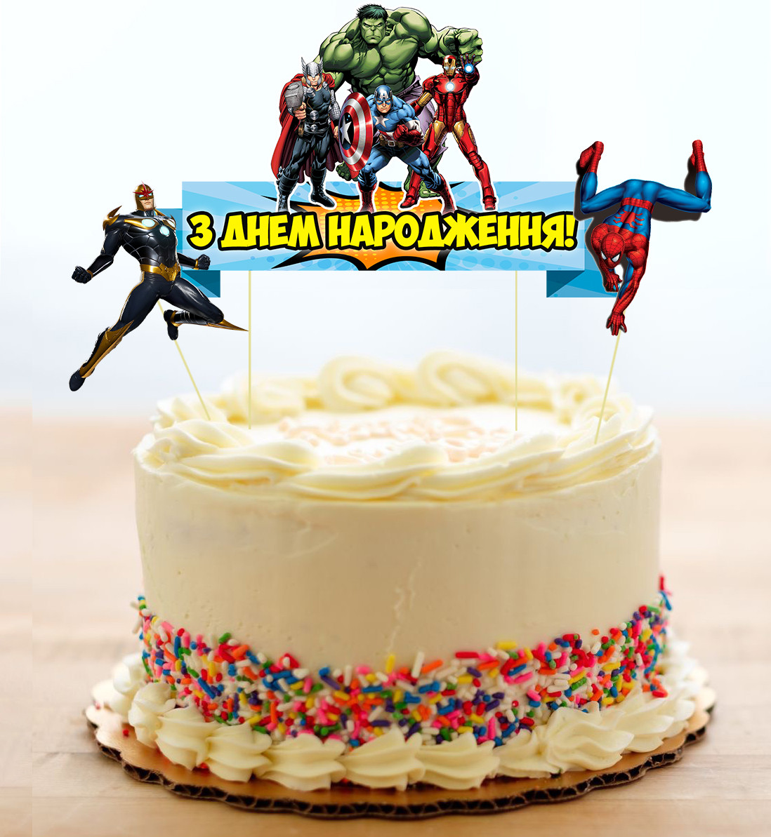 Набір Топперов "Супергерої/Месники/Марвел" в торт з флажком (КАРТОН) (Українською)
