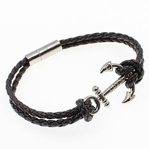 Чоловічий браслет коричневий плетений екошкіра двошаровий якір Stainless Steel довжина 22 см ширина 13 мм