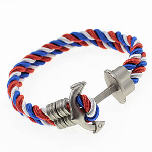 Чоловічий плетений браслет триколірний із металевою сріблястою вставкою як якірна довжина 23 см