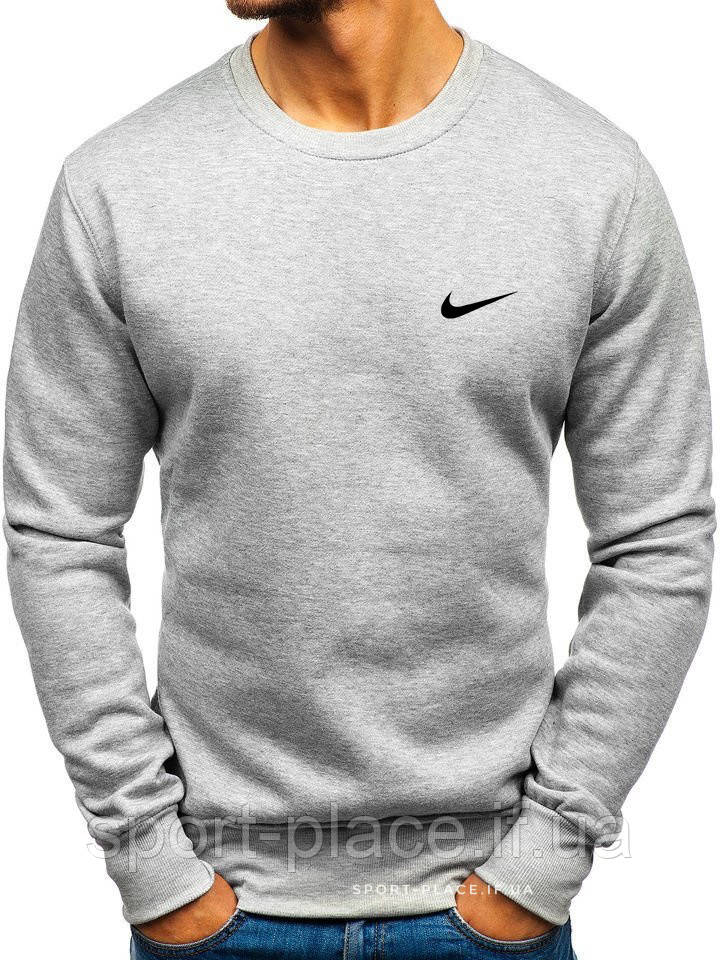 Утеплений чоловічий світшот Nike (Найк) Зима світло-сірий з начосом (маленька емблема) толстовка лонгслів