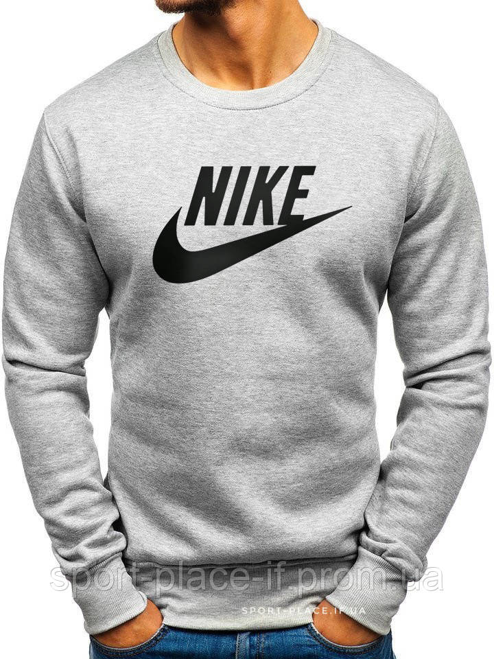 Утеплений чоловічий світшот Nike (Найк) ЗИМА світло сірий з начосом (велика емблема) толстовка лонгслив