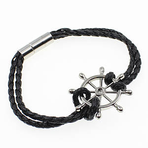Чоловічий браслет чорний плетений екоребристий штурвал Stainless Steel довжина 22 см ширина 13 мм