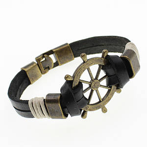 Чоловічий браслет екошкіра сталева вставка золотиста штурвал Stainless Steel довжина 21 см ширина 10 мм
