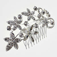 Гребінець для волосся сріблястий металевий у стразах великої квіточки з листочками розмір 11х5 см на 10 зубців
