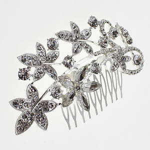 Гребінець для волосся сріблястий металевий у стразах великої квіточки з листочками розмір 11х5 см на 10 зубців