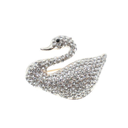 Брошка металева на золотистій основі лебідь з кришталевими камінцями розмір виробу 35х35 мм, фото 1