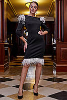 Оригинальное коктейльное платье 42-48 размера черное с белыми перьями