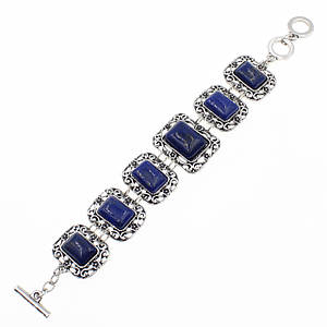 Браслет жіночий металевий сріблястого кольору камінь синій лазурит із візерунками ширина 2,5 см довжина 23 см