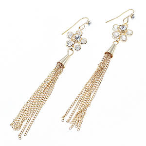 Сережки жіночі застібка петля золотистого кольору довгі висувки квіточки зі стразами хвостики розмір 8 см