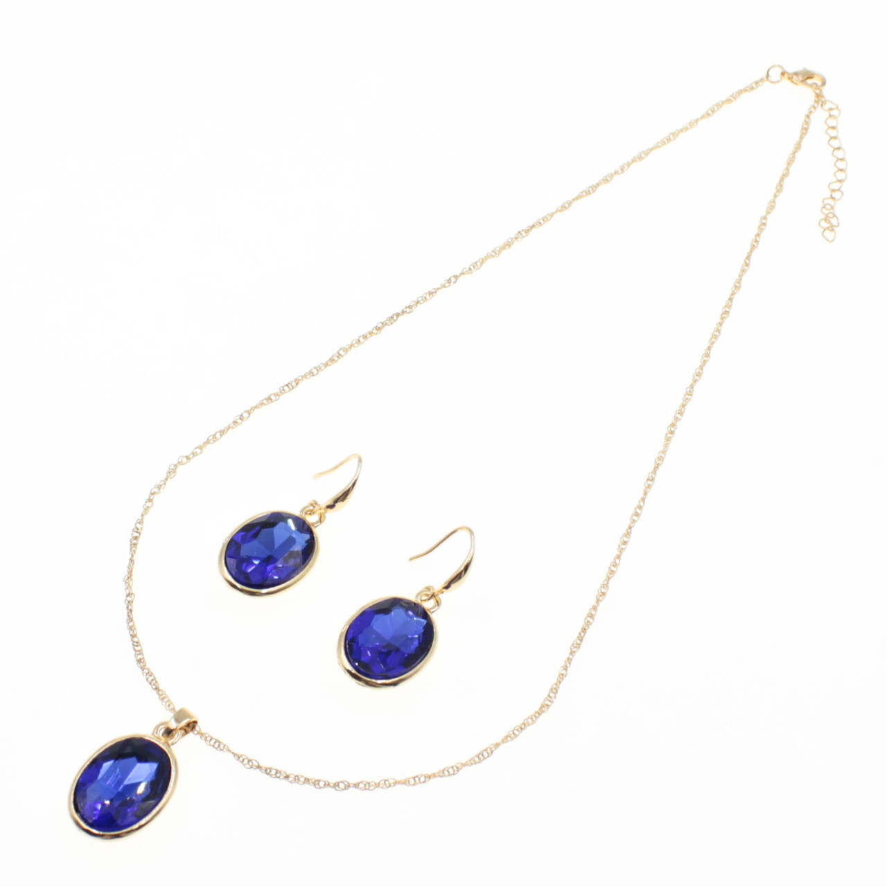 Комплект кольє та сережки жіночі довгі з кришталевим камінням колір синій 50 см