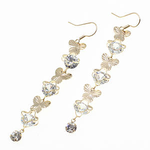 Сережки жіночі застібка петля золотистого кольору довгі висувки з метеликами з фіанітами розмір 8 см