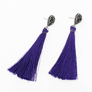 Сережки пензля жіночі гвоздики сріблястого кольору довгі об'ємні темно-фіолетові зі стразами довжина 8 см