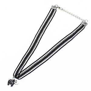 Чокер на шию широкий ажурний із підвіскою Слоник чорного кольору застібка карабін сріблястого кольору довжина 30 см