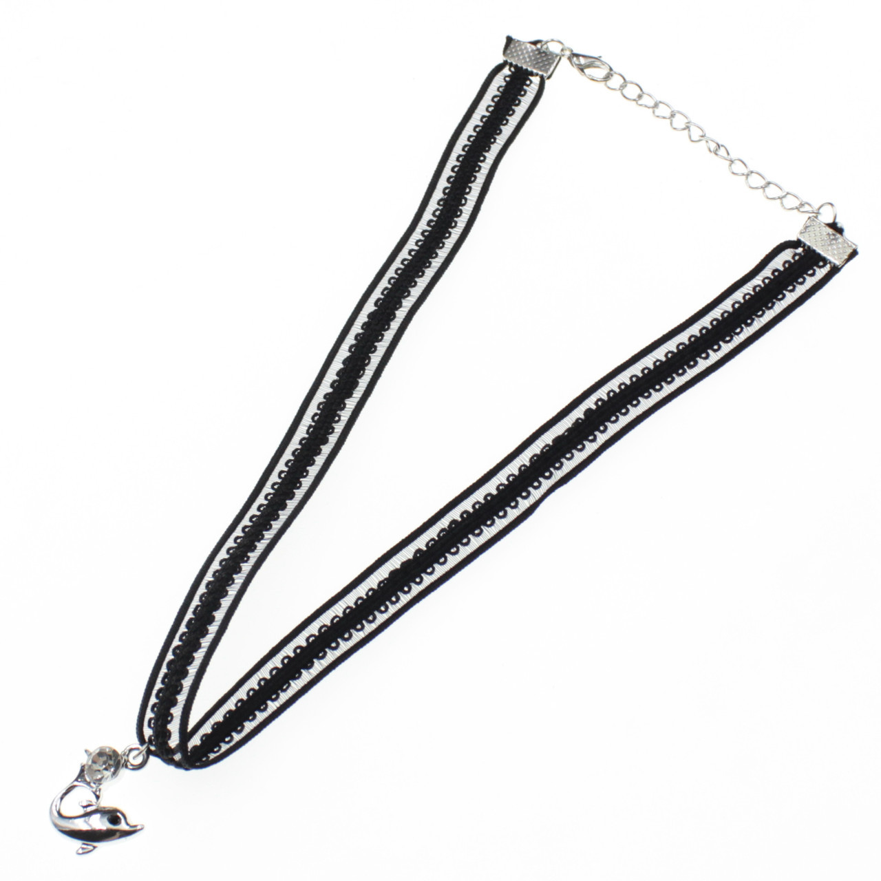 Чокер широкий на шию чорний ажурний із підвіскою дельфін із чорним стразиком і подовжувачем довжина 30 см