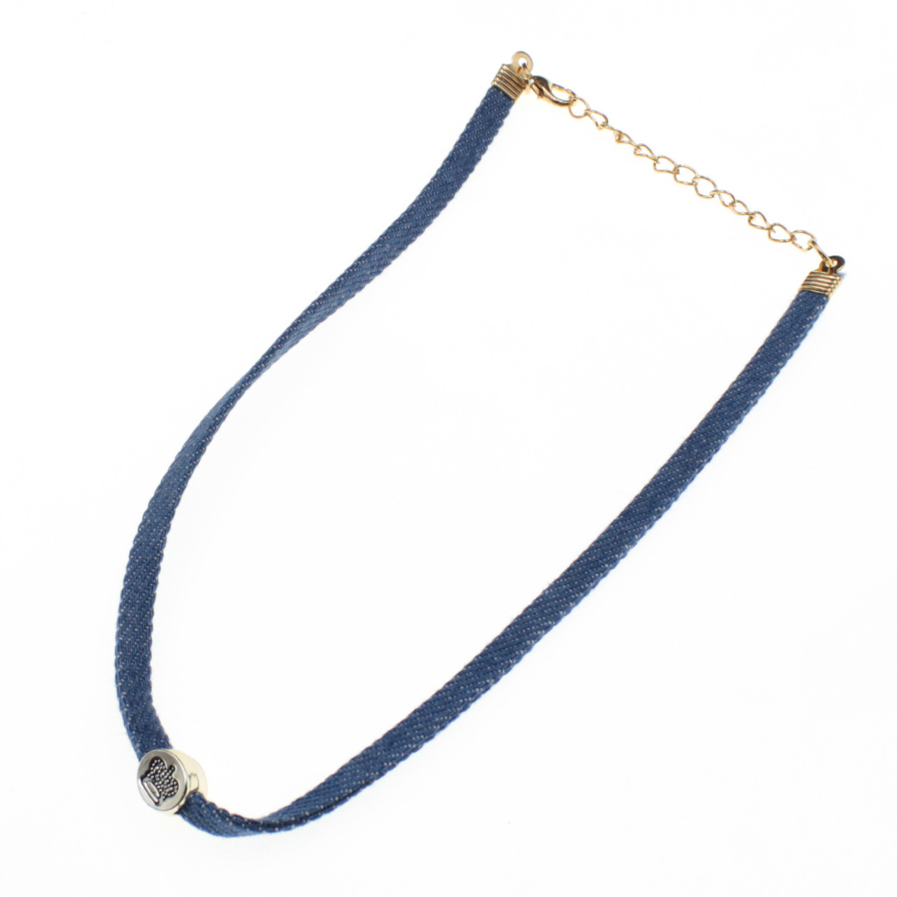 Чокер широкий на шию синій текстиль із золотистою короною й подовжувачем довжина 30 см