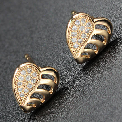 Серьги женские золотистого цвета Xuping Jewelry гвоздики,пусеты сердечки со стразами 24K, фото 1