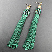 Сережки пензля жіночі гвоздики золотистого кольору довгі об'ємні темні пляшково-зеленого кольору довжина 11 см