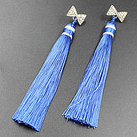 Сережки пензля гвоздики бантики в стразах сріблястого кольору довгі об'ємні лазурного кольору довжина 11 см