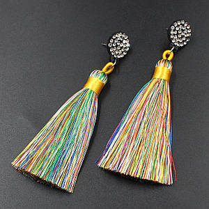 Сережки пензля жіночі гвоздики сріблястого кольору довгі об'ємні різнобарвного кольору зі стразами довжина 9 см