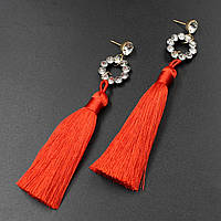 Сережки пензля жіночі гвоздики золотистого кольору довгі об'ємні жовтогарячого кольору з кристалами довжина 11 см