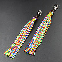 Сережки пензля жіночі гвоздики золотистого кольору довгі об'ємні різнобарвного кольору з кристалами довжина 14 см