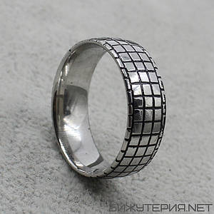 Кольцо серебристое из ювелирной медицинской стали от Stainless Steel марка 316 L ширина 7 мм шашки