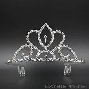 Корона діадема висота 5.5 см на металевій основі з гребінцями сріблястого кольору з кристалами