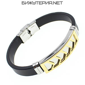 Чоловічий браслет чорний каучуковий сталева золото срібло Stainless Steel стрілка довжина 22 см ширина 12 мм
