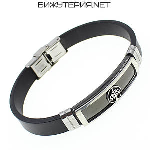 Чоловічий браслет чорний каучуковий сталева срібляста вставка Stainless Steel дерево довжина 22 см ширина 12 мм