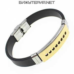Чоловічий браслет чорний каучуковий сталева двоколірна вставка Stainless Steel єгіпет довжина 22 см ширина 12 мм