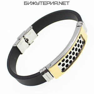 Чоловічий браслет чорний каучуковий сталева двоколірна вставка Stainless Steel стільники довжина 22 см ширина 12 мм