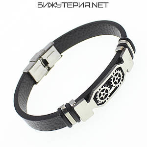 Чоловічий браслет чорний з екошкіри сталева срібляста вставка Stainless Steel довжина 22 см ширина 12 мм