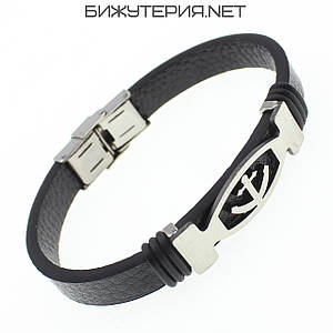 Чоловічий браслет чорний каучуковий сталева срібляста вставка якір Stainless Steel довжина 21 см ширина 10 мм