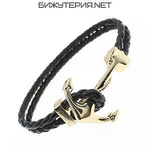 Чоловічий браслет чорний плетений екошкіра сталева золотиста вставка якір Stainless Steel довжина 22 см