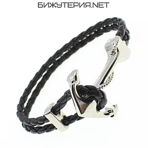 Чоловічий браслет чорний плетений екошкіра сталева срібляста вставка якір Stainless Steel довжина 22 см