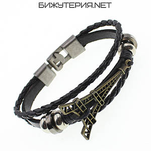 Чоловічий браслет чорний плетений екошкіра двоколірний ейфелева вежа Stainless Steel довжина 22 см ширина 13 мм