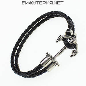 Чоловічий браслет чорний плетений екошкіра двошаровий сріблястий якір Stainless Steel довжина 22 см ширина 13 мм