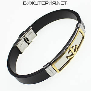 Чоловічий браслет чорний каучуковий сталева двоколірна вставка Stainless Steel якір довжина 22 см ширина 12 мм