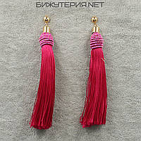 Сережки пензля жіночі гвоздики золотистого кольору довгі об'ємні яскраво-рожевого кольору довжина 11 см