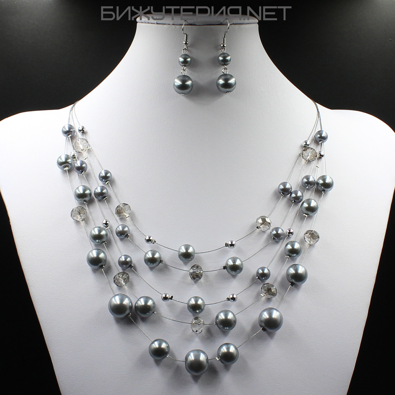 Комплект перлинний намисто та сережки жіночі довгі паради планет сірий колір 60х1,2х4,5 см